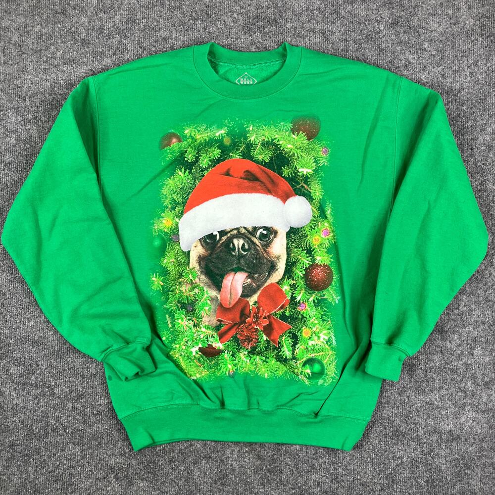 Well Worn Sweatshirt Men's M Green‎ Christmas Pug Dog Holiday Crewneck